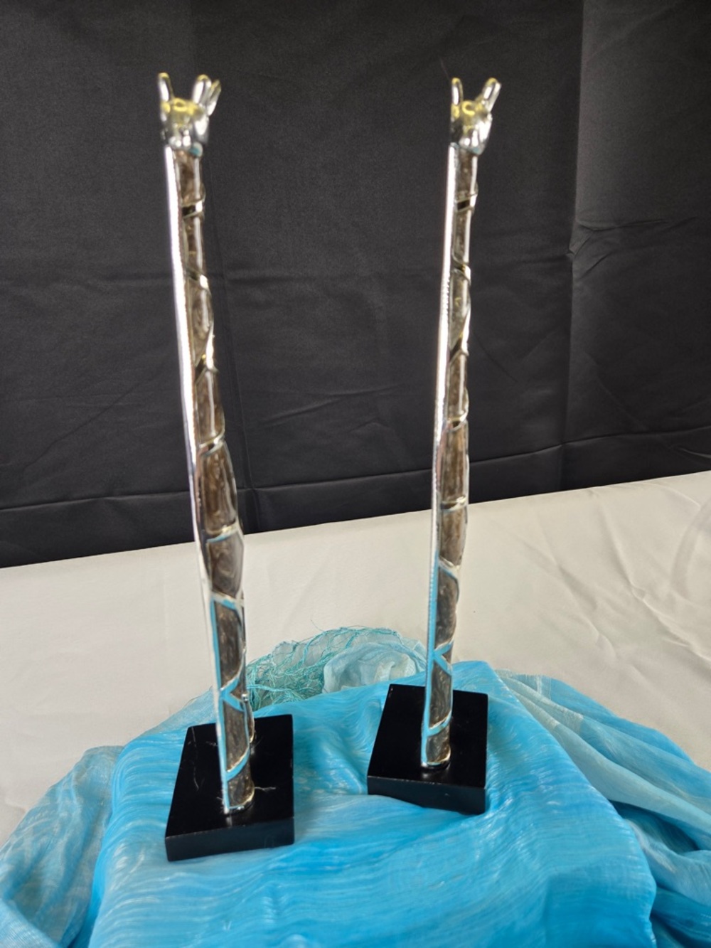 Silver and Brown Giraffe Sculptures Pair - Decorative Home Art - Picture 2 of 4